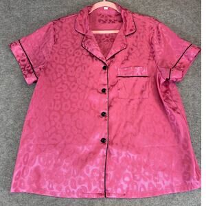 VINTAGE Pajama Top Womens Large Pink Leopard Jacquard Short Sleeve Lounge Shirt